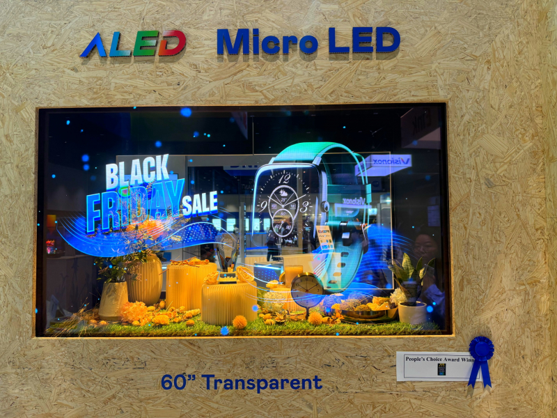 友达60吋高透明度Micro LED显示器获”最佳Micro LED技术应用奖”，将Micro LED面板透明化之设计特性极致发挥，以可扩展性无缝拼接技术打造，具备600 nits全画面亮度、大于60%穿透率及超过NTSC 110%的优异广色域表现，可依需求灵活应用于各种场域