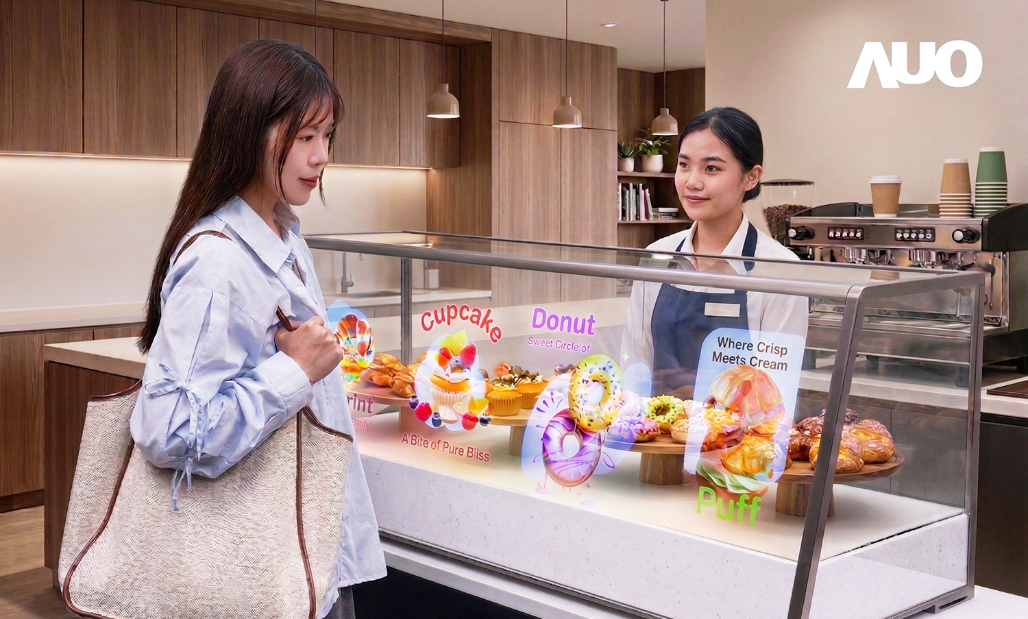 友達以 Micro LED 高亮度、廣色域與透明顯示優勢，打造 54 吋甜點／展示櫃，結合AI導入多元應用，將商品陳列與品牌資訊同框呈現，讓數位內容自然融入零售與智慧生活場域，提升展示互動與體驗價值。